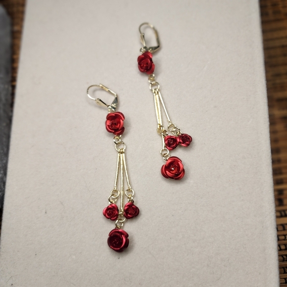 Gold with Red Rose Flowers Dangle Earrings - Picture 1 of 7